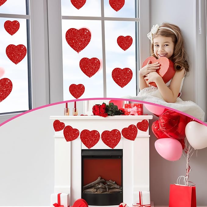 JarThenaAMCS 45Pcs Valentine' s Day Heart Cutouts Red Pink Glitter Heart Shaped