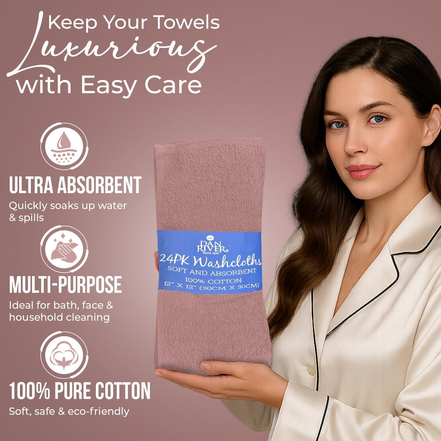DAN RIVER 100% Cotton Wash Cloths 24 Pack [12x12] Soft & Absorbent face Towel for Showering, Gym, Hotels & Spa Perfect for Everyday Use Fingertip Towels, Dusty Pink