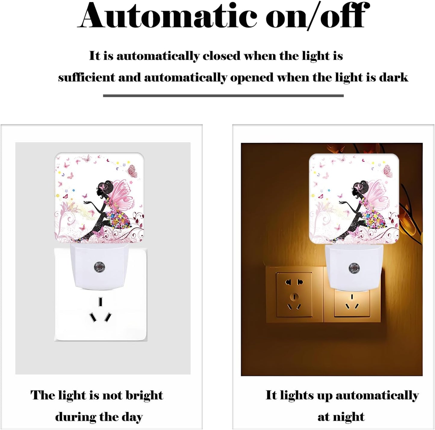 Pink Beautiful Women Butterfly Night Light,Plug Into Wall with Dusk to Dawn Light Sensors, Warm Nightlights for Bedroom, Bathroom, Hallway, Kitchen, Gifts Ideal for Boys Girls Women Men