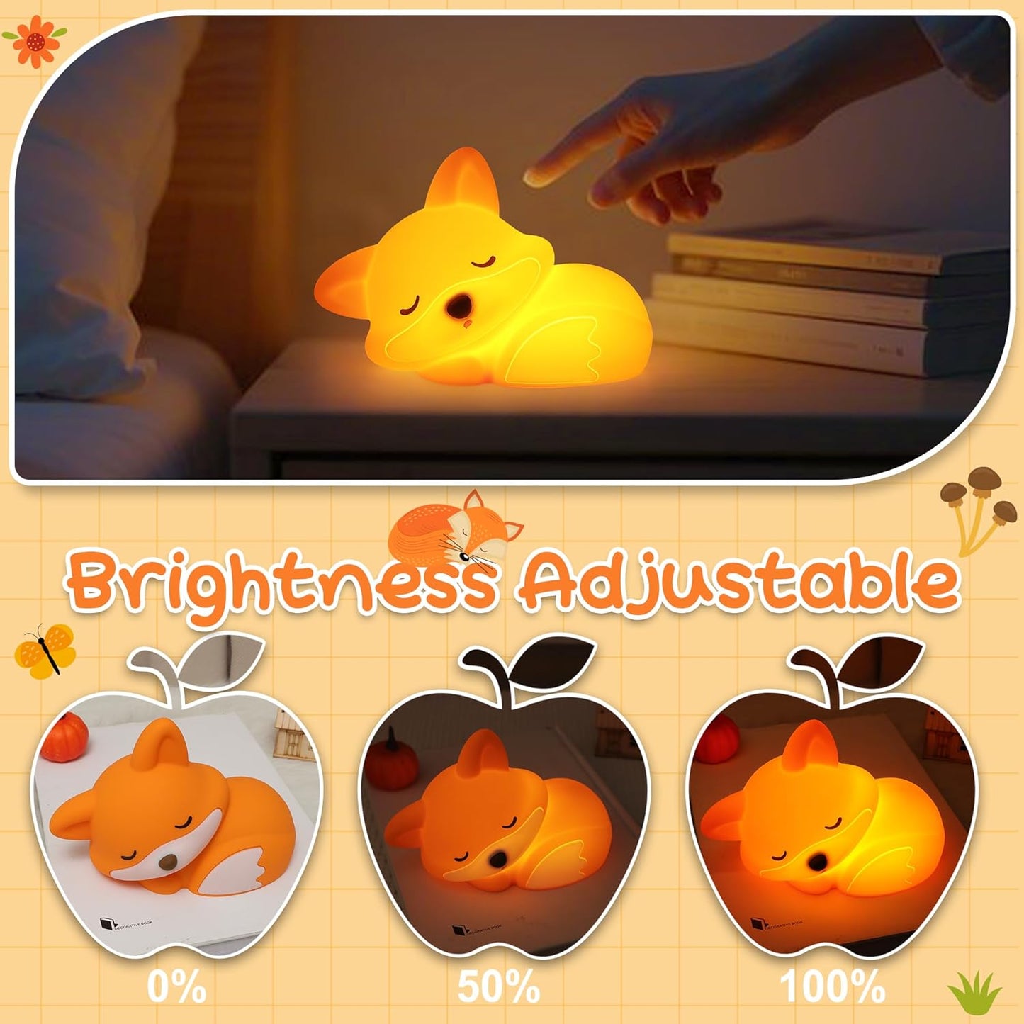 Fox Night Light for Kids, Cute Silicone Lamp with Rechargeable Dimmable 20 Mins Timer, Kids Bedside Decoration Light, Birthday Holiday Christmas Gifts Idea for Baby Girl Boy Friend
