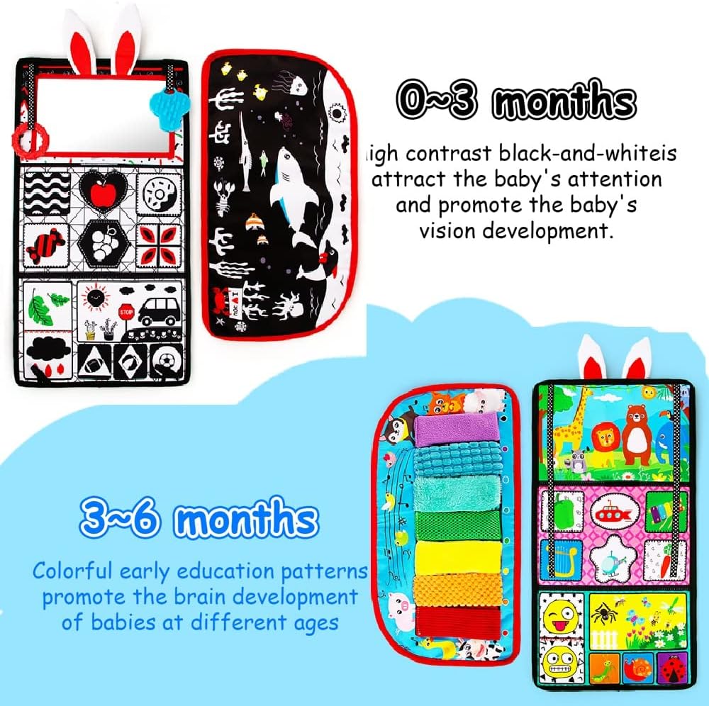 Tummy Time/Baby Mirror Toys, Black and White High Contrast Tabletop Mount Baby Newborn Toys 0 3 6 Months Brain Development, Sensory Texture Piano Infant Toys 0 3 6 Months with Squeaker