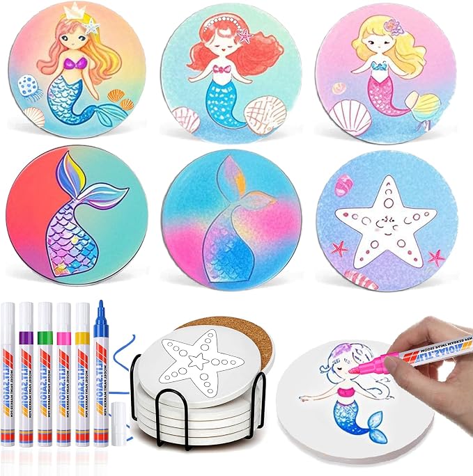 6 Absorbent Ceramic Tiles with Cork Base, Paint Your Own Mermaid Coaster | Arts