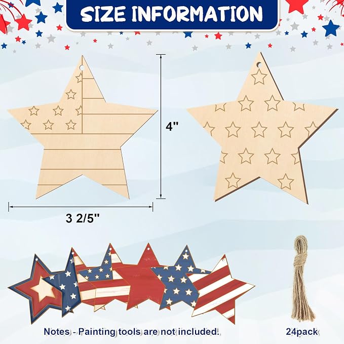 COCHIE 4th of July Stars Wood Crafts to Paint Set of 24, Memorial Day