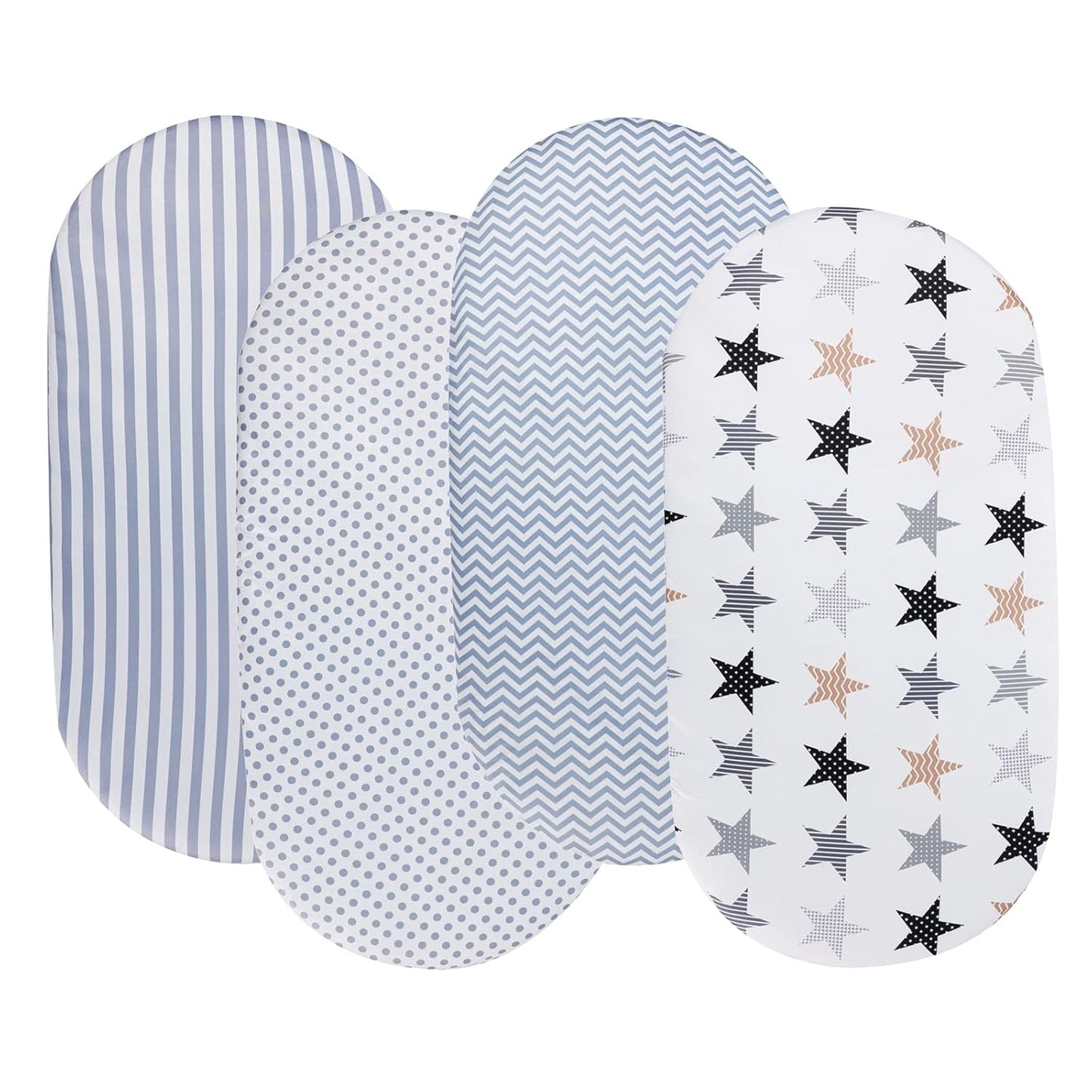 Onacosht Bassinet Sheets for Baby Boy and Girl, Stretchy Breathable Fitted Sheet Universal for Bassinet Cradle Hourglass Oval Rectangle Pad/Mattress, 4 Pack Stripes Dots Chevrons and Stars ﻿