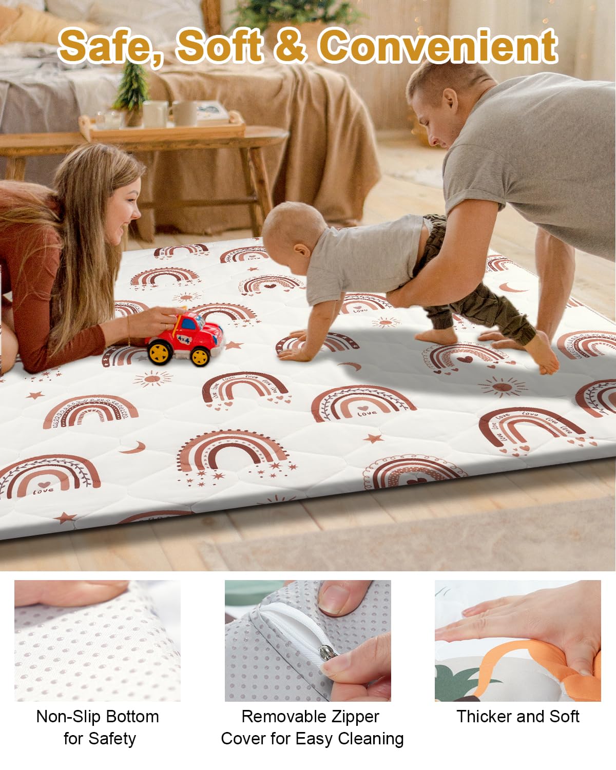 Premium Foam Baby Play Mat 71" x 59" with Removable Cover, Extra Thick Padding Playpen Mat, Non-Slip Floor Mat, Stylish & Easy to Clean for Crawling Baby, Infants & Toddlers, Rainbow