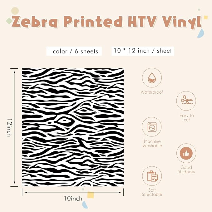 Tintnut Black Zebra Heat Transfer Vinyl, 6 Sheets 12" x 10" Iron on Vinyl |
