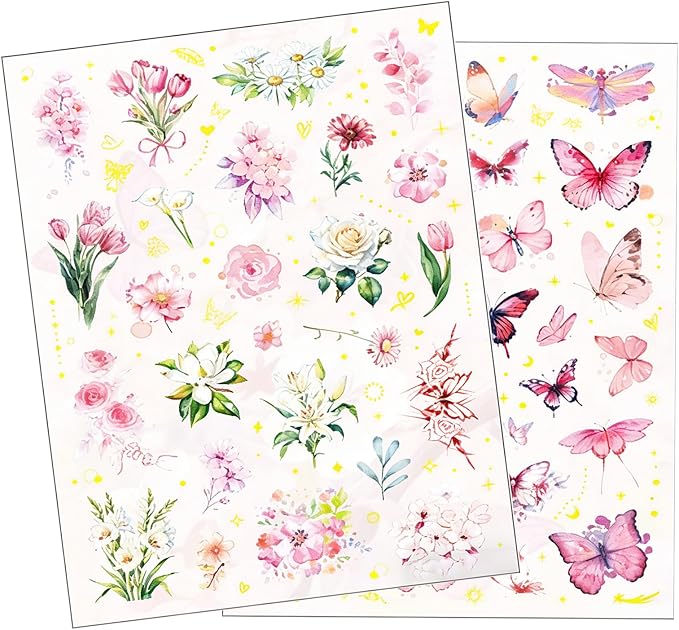Transparent Floral Butterfly Scrapbook Stickers Pack, Waterproof Dreamy Decals