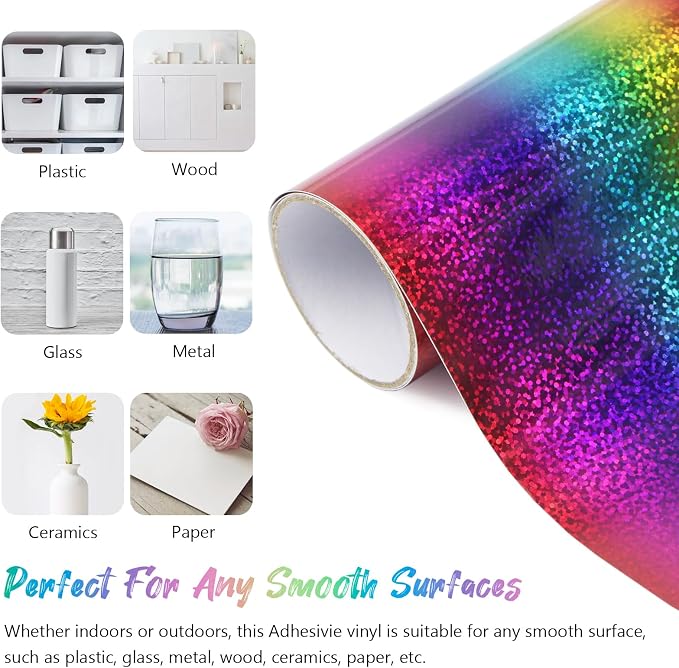 Glitter Rainbow Gradient Permanent Adhesive Vinyl 12'' x 5FT Iridescent Sparkle