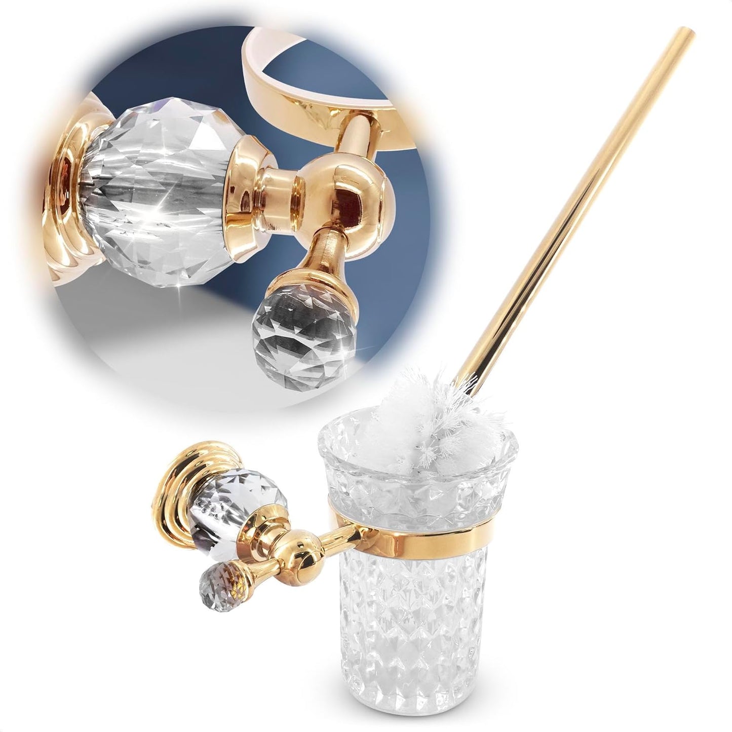 Gold Stainless Steel Toilet Brush with Crystal Toilet Brush Holder Set – Wall Mounted Holder, Replaceable Head, Decorative Space-Saving Design Bathroom Toilet Accessory Elegant Toilet Bowl Cleaner Set