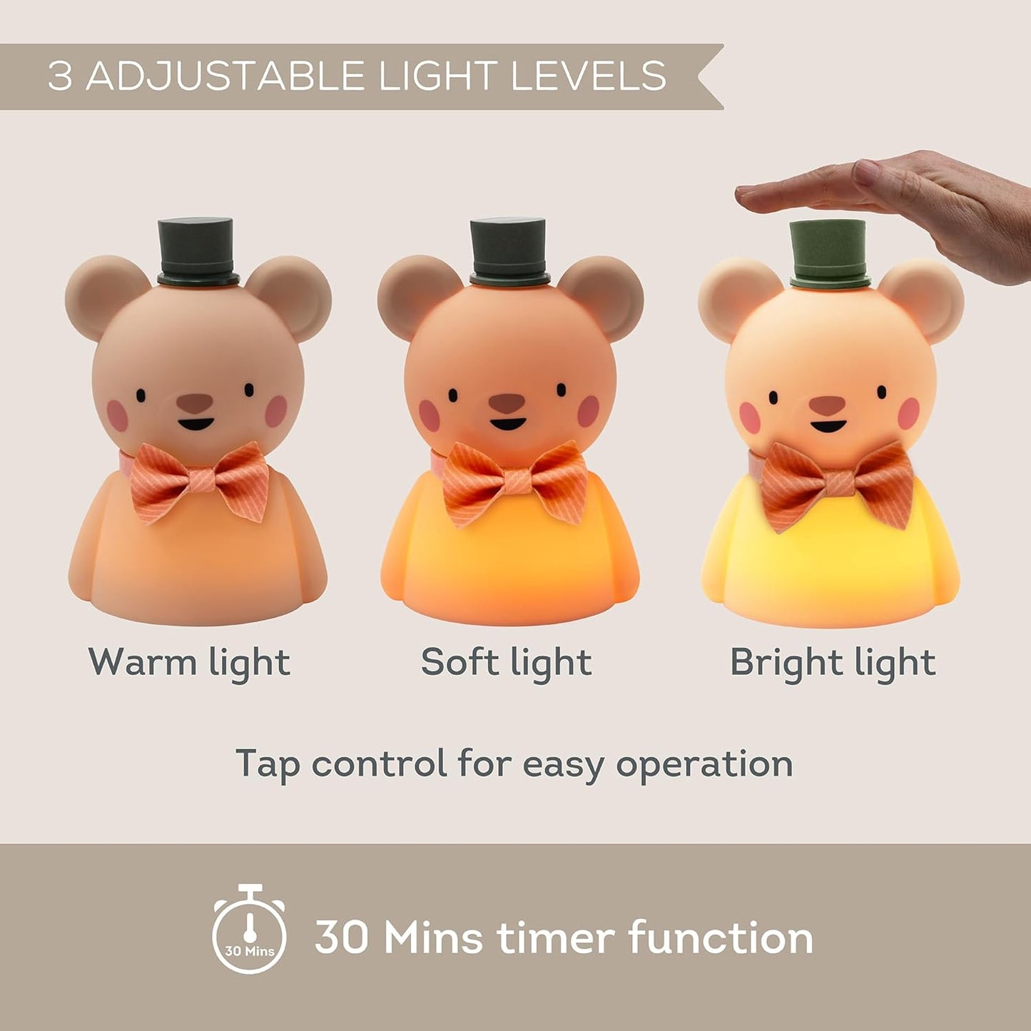 Taf Toys Silicone Kids Night Light Adjustable Brightness Levels & 30-Min Timer Tap Control 3-Level Dimmable Baby Night Lights for Nursery USB Rechargeable Nursing Lamp Bedroom Décor (Little Bear)