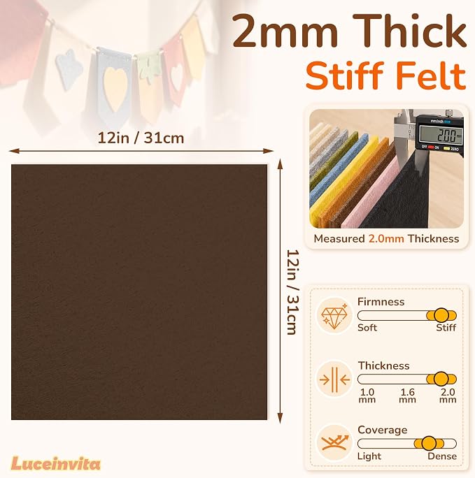 2mm Stiff Felt Sheets 12" X 12" | Thick Polyester Felt Material, DIY Craft