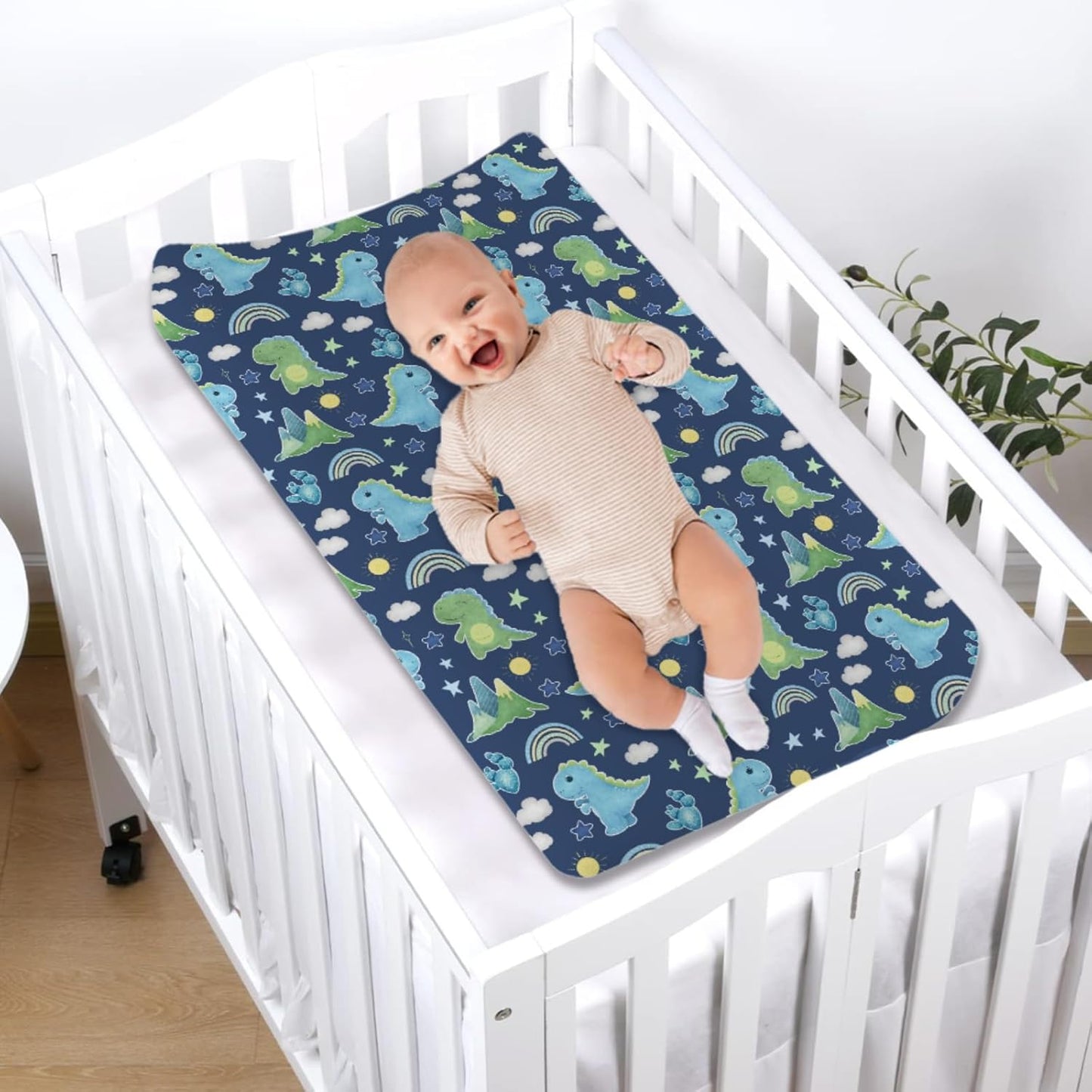 Dinosaur Rainbow Diaper Changing Pad Cover Sheets for Boy Girl 32''x16'' Cartoon Dino Sun Star Cactus Mountain Unisex Fitted Changing Table Covers Comfort Soft Breathable Baby Changing Table Mats Navy