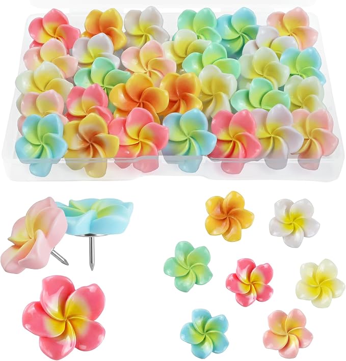 30pcs Flower Cabochons Flatback Plumeria Flower Push Pins in 7 Colors Cute