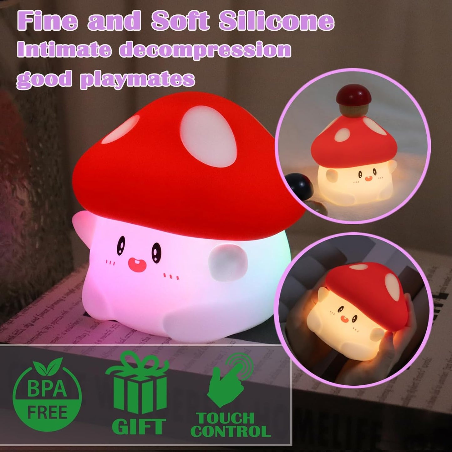 Mushroom Night Light with Squishy Soft Silicone, RGB Flashing Color, Dimmable Rechargeable Portable Touch Mushroom Gifts Decor for Girls Boys