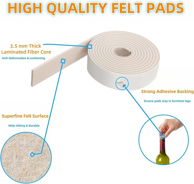 Felt Strips with Adhesive Backing – Furnigear Heavy Duty Cuttable Felt Tape