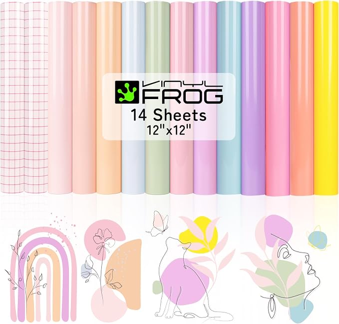 VINYL FROG Pastel Permanent Vinyl -12‘’x12'' Glossy Boho Vinyl Bundle 14 Sheets