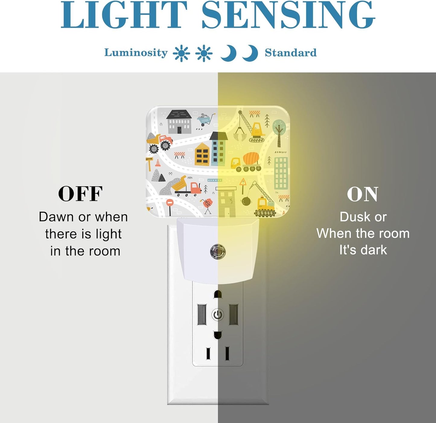 Cartoon Construction Vehicle Night Light for Kids Girls Boys, Building Scene LED Night Light Plug into Wall with Dusk to Dawn Sensor for Bedroom, Hallway, Kitchen, Bathroom, Stairs Decor