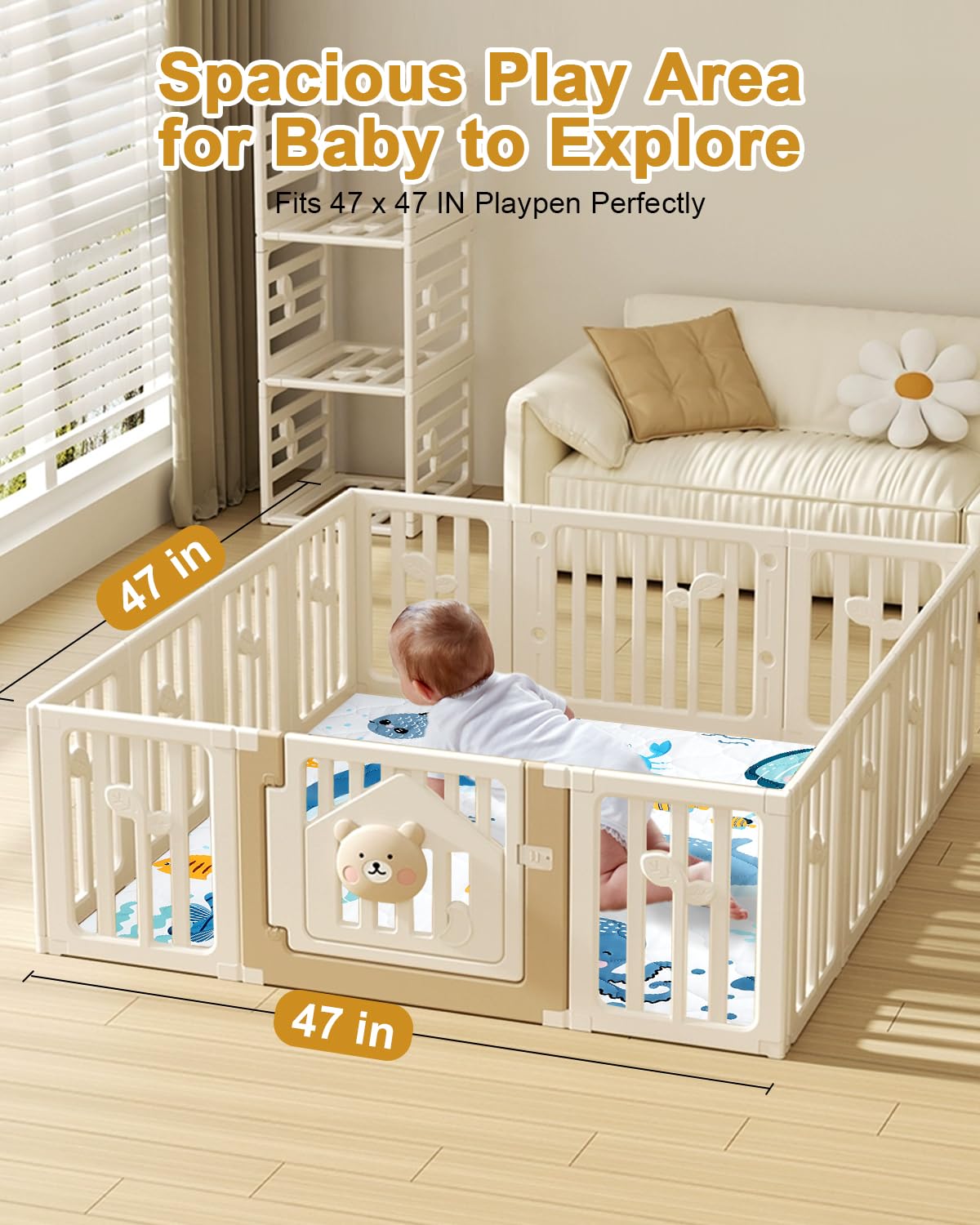 Premium Foam Baby Play Mat 47x47 – Removable & Machine Washable Cover, Extra Thick Padding Playpen Mat, Non-Slip Crawling Mat, Easy to Clean for Infants, Toddlers & Babies
