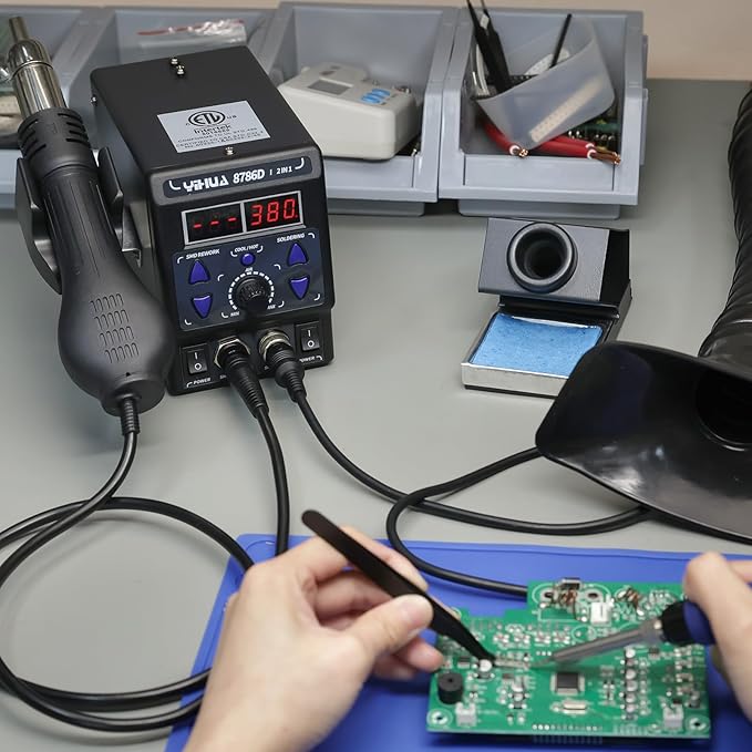 YIHUA 8786D I 2 in 1 Hot Air Rework and Soldering Iron Station with °F /°C, Cool/Hot Air Conversion, Digital Temperature Correction and Sleep Function