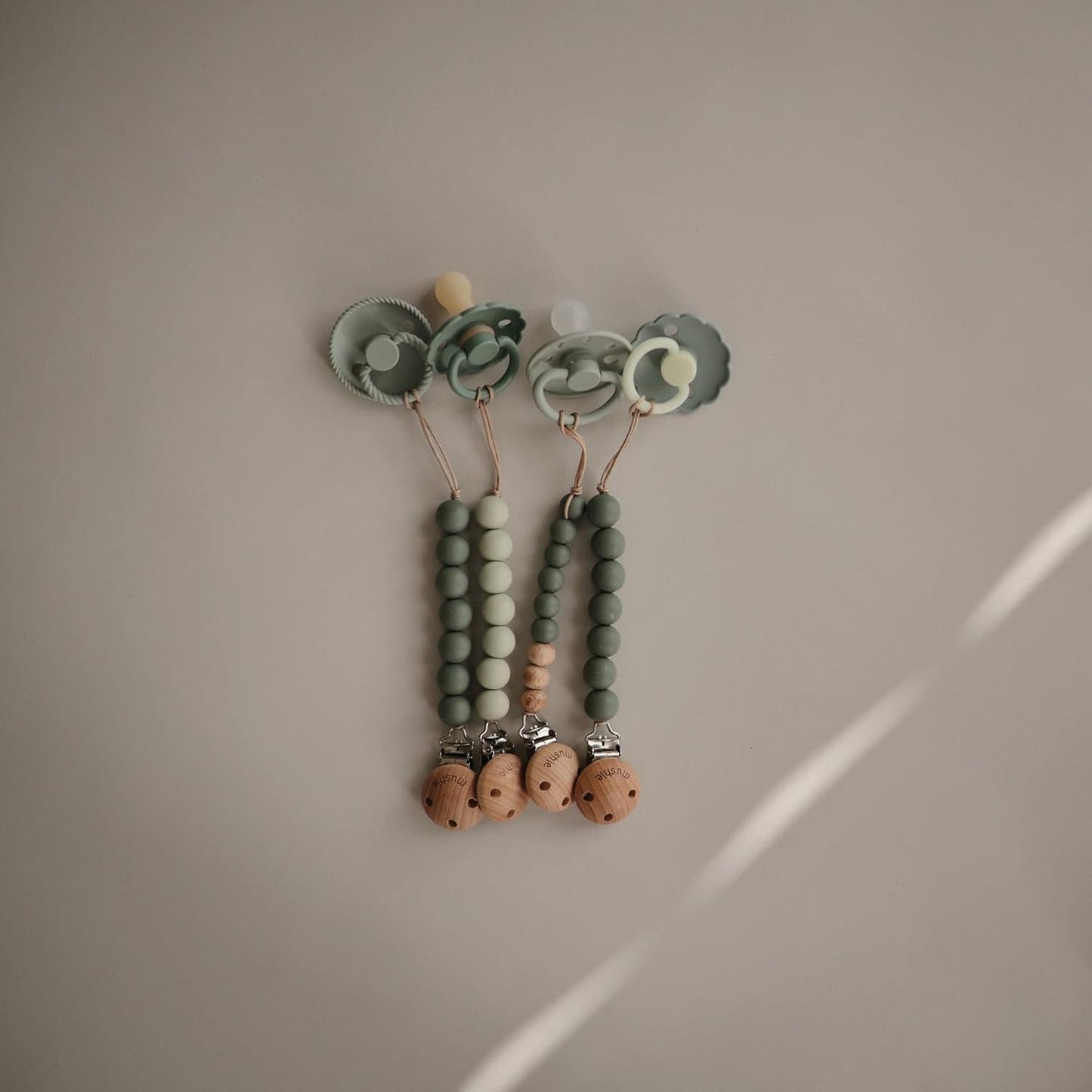 FRIGG Moon Natural Rubber Baby Pacifier | Made in Denmark | BPA-Free (Sage/Portobello, 6-18 Months) 2-Pack