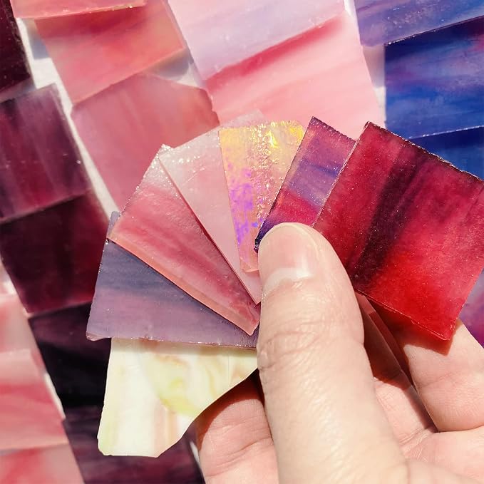 Pink and Purple Glass Mosaic Tiles, Irregular Stained Glass Scraps Sheets
