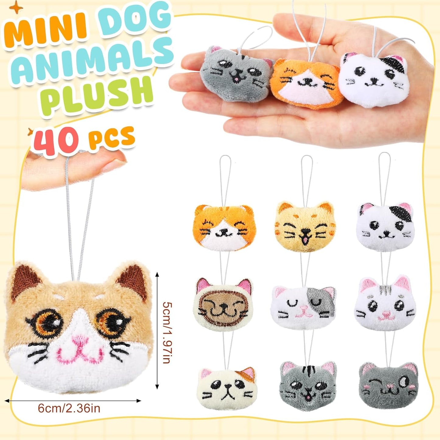 Libima 40 Pcs Mini Stuffed Animals Sea Animal Fruit Plush Keychain Set for Carnival Birthday Classroom Prizes Decoration for Clothes (Cat)