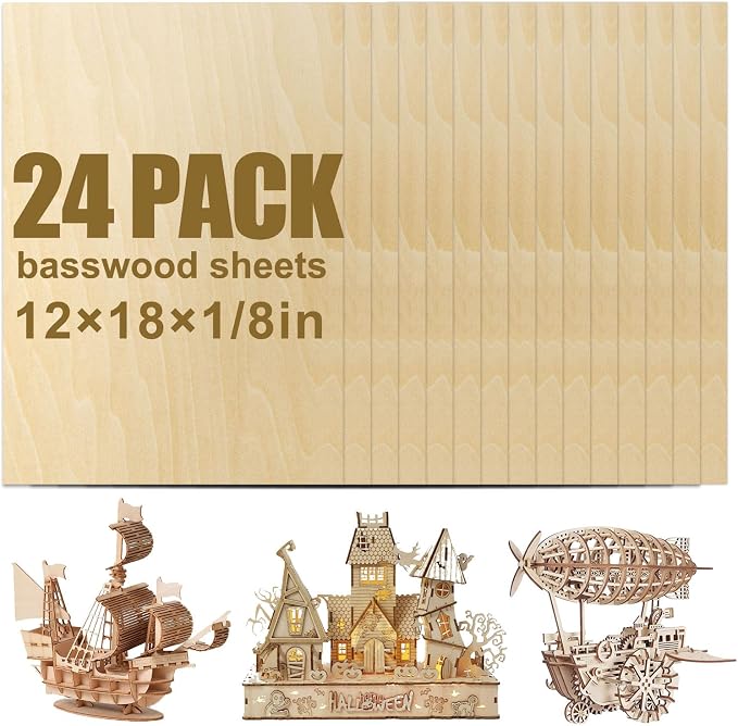 24 Pack Basswood Sheets 12x18x1/8 Inch, Balsa Wood Sheet, 3mm Plywood