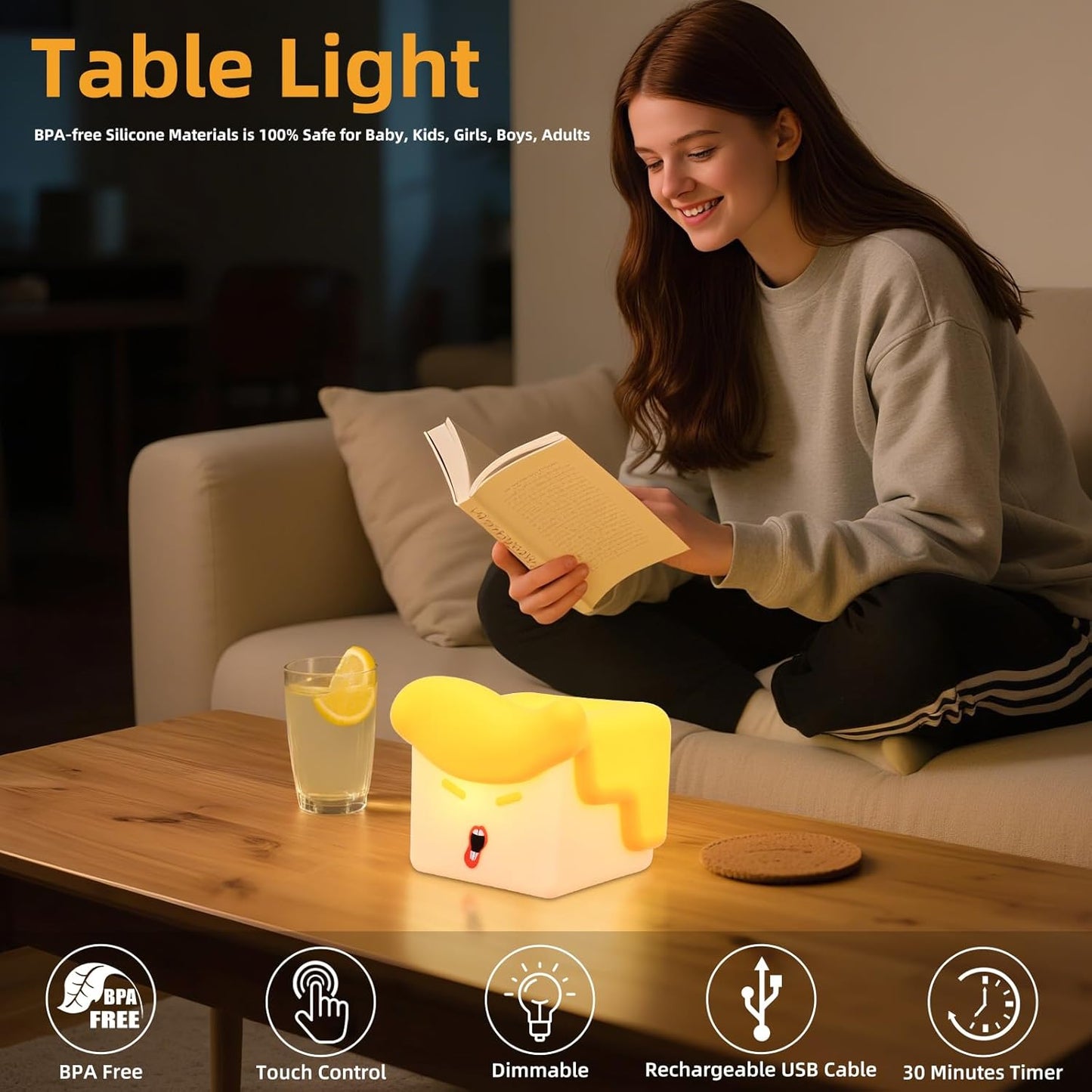 Tcamp Fun Night Light, Hilarious Silicone Squishy Lighted Tap Light, 3 Level Dimmable Table Lamp, Rechargeable Bedside Glowing Touch Lamp for Room Decor (USB Powered)