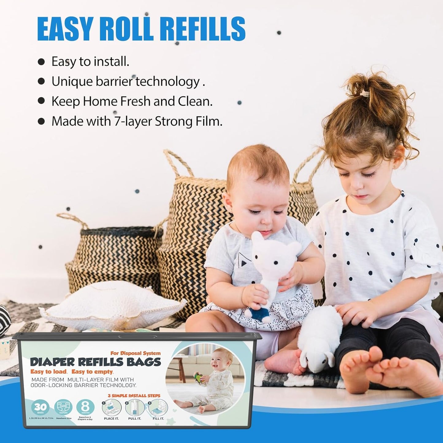 Diaper Pail Refills Bags with 30 Bags Compatible with Genie Easy Roll Signature and Platinum Diaper Pails, 7-Layer Odor-Barrier Technology, 3 Pack (90 Bag)