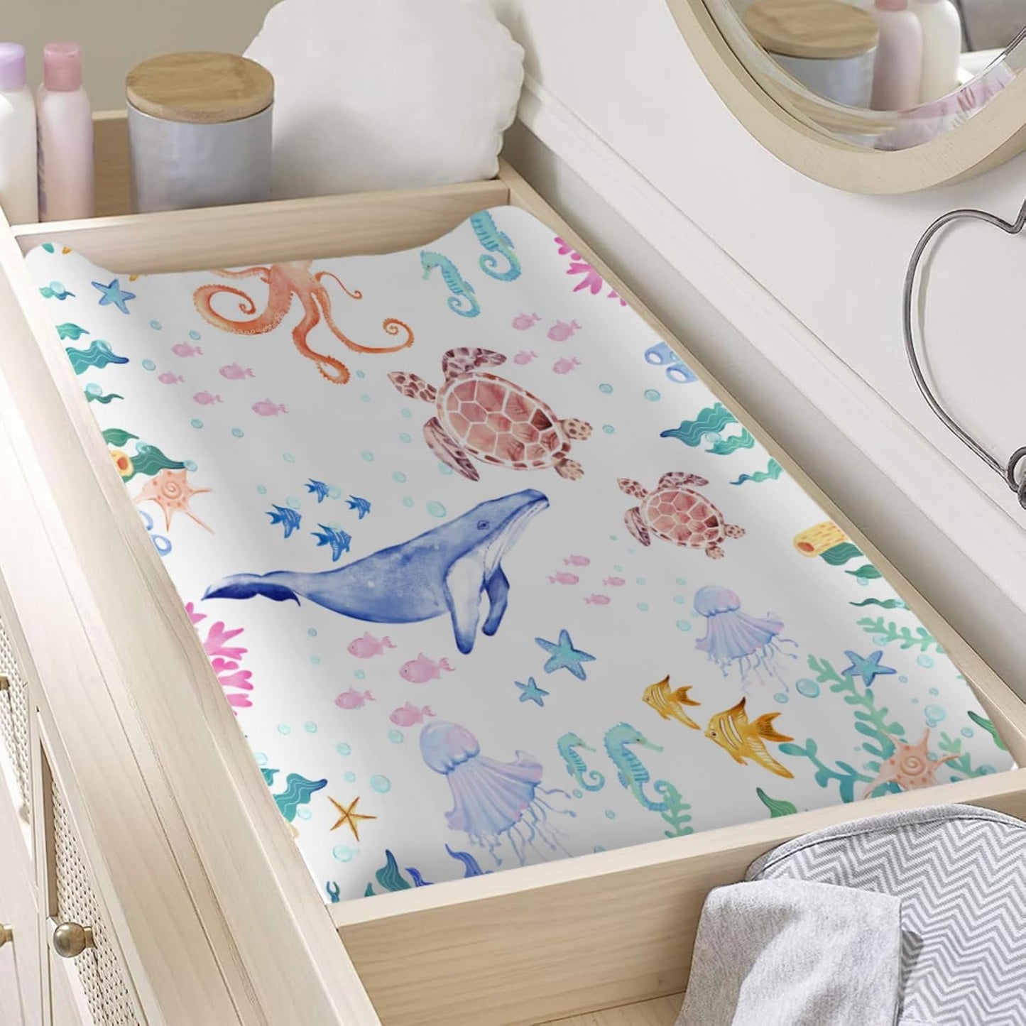 Sea Animals Baby Changing Pad Covers Ocean Animals Corals Sea Weeds Baby Nursery Diaper Changing Pad Sheets for Boys Girls Marine Soft Breathable Stretch Fitted Changing Mat Cover 32''x16''