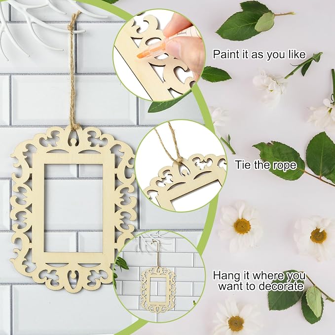 12 pcs Rectangle Theme Unfinished Wooden Photo Frames Floral Laser Cut Wood