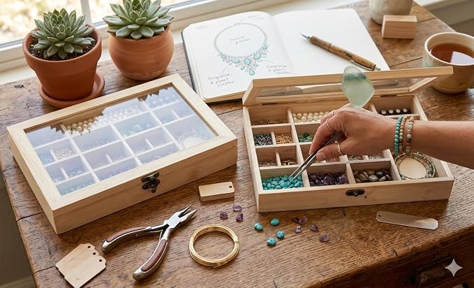 2 Pack Unfinished Wood Box, Glass Lid, 14 Compartment Jewelry Organizer |