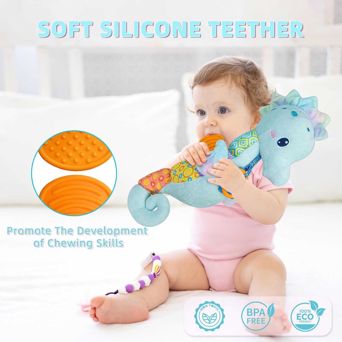 Baby Toys 0-6 Months,Infant Musical Seahorse Stuffed Animals Sensory Toys with Bright Colors,Multiple Textures,Rattles & Crinkle Sound Paper,Soft Tummy Time Toy for Newborn Boys Girls 0-12 Months-Blue