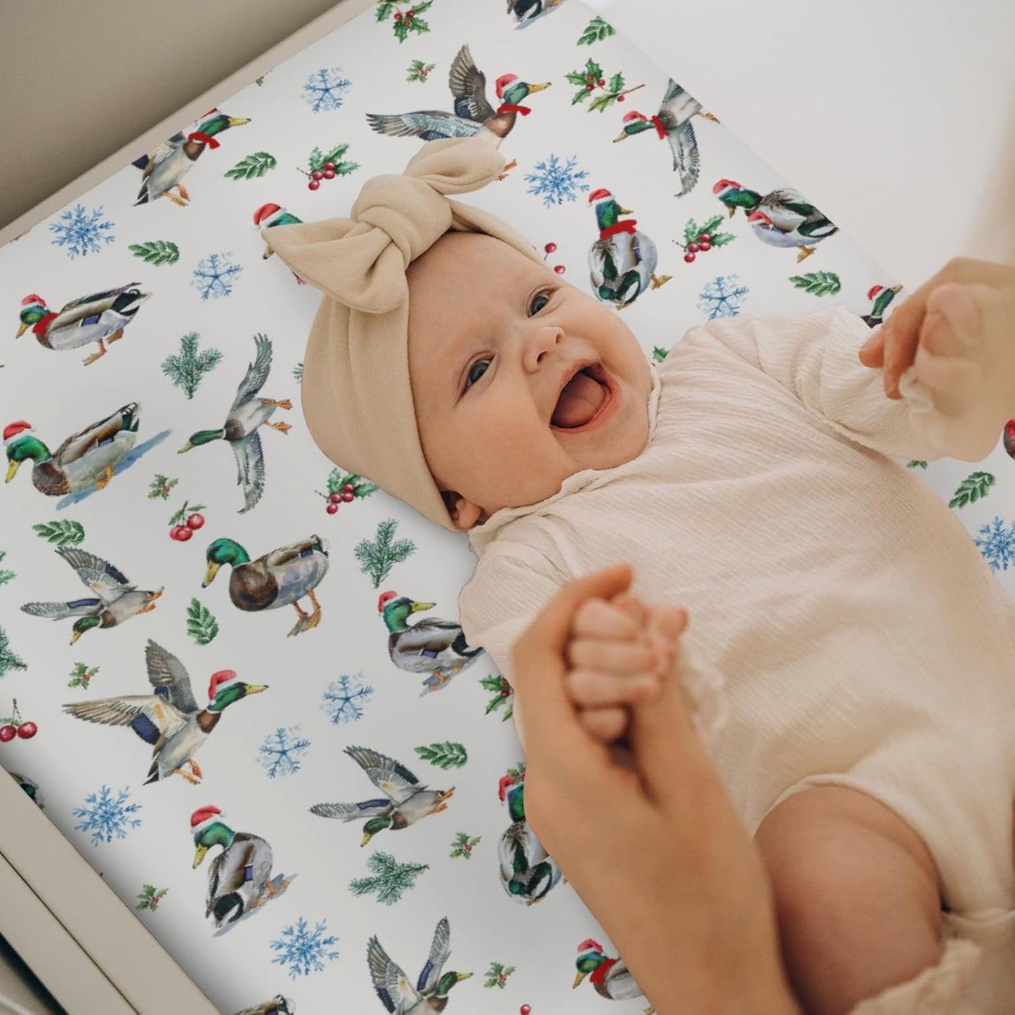 Christmas Mallard Ducks Changing Pad Covers for Baby Girl Boy Wild Ducks Cherry Fir Leaves Fitted Change Table Cover Mats Winter Hunting Duck Soft Diaper Changing Table Sheets 32''×16''
