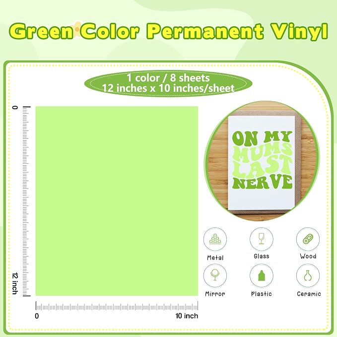 Tintnut Bright Green Permanent Vinyl Self Adhesive Vinyl 8 Sheets 12''x10'' |