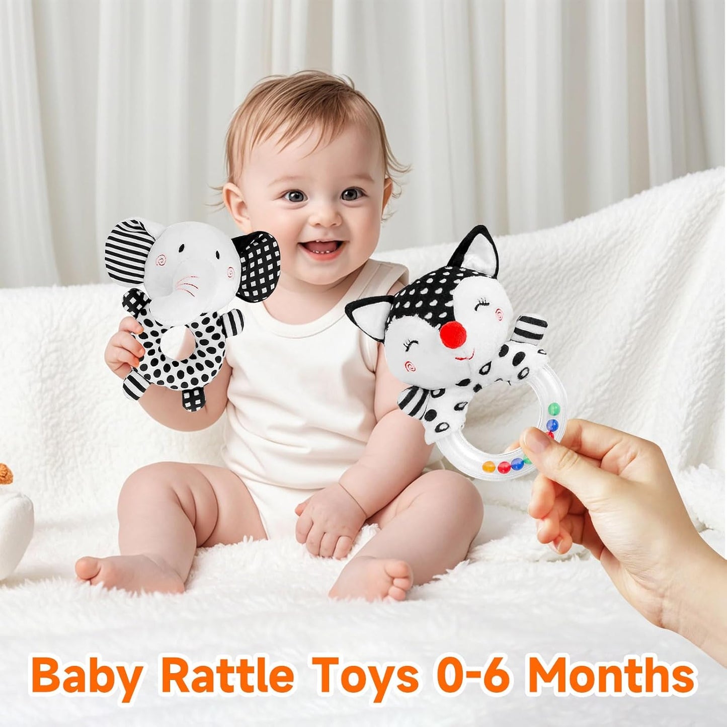 Baby Rattle Newborn Toys 0-3 Months Black and White High Contrast Baby Toys for Newborn, Soft Rattles for Babies 0-6 Months Infant Sensory Development Toy 0 3 6 9 12 Months Baby Shower Gift