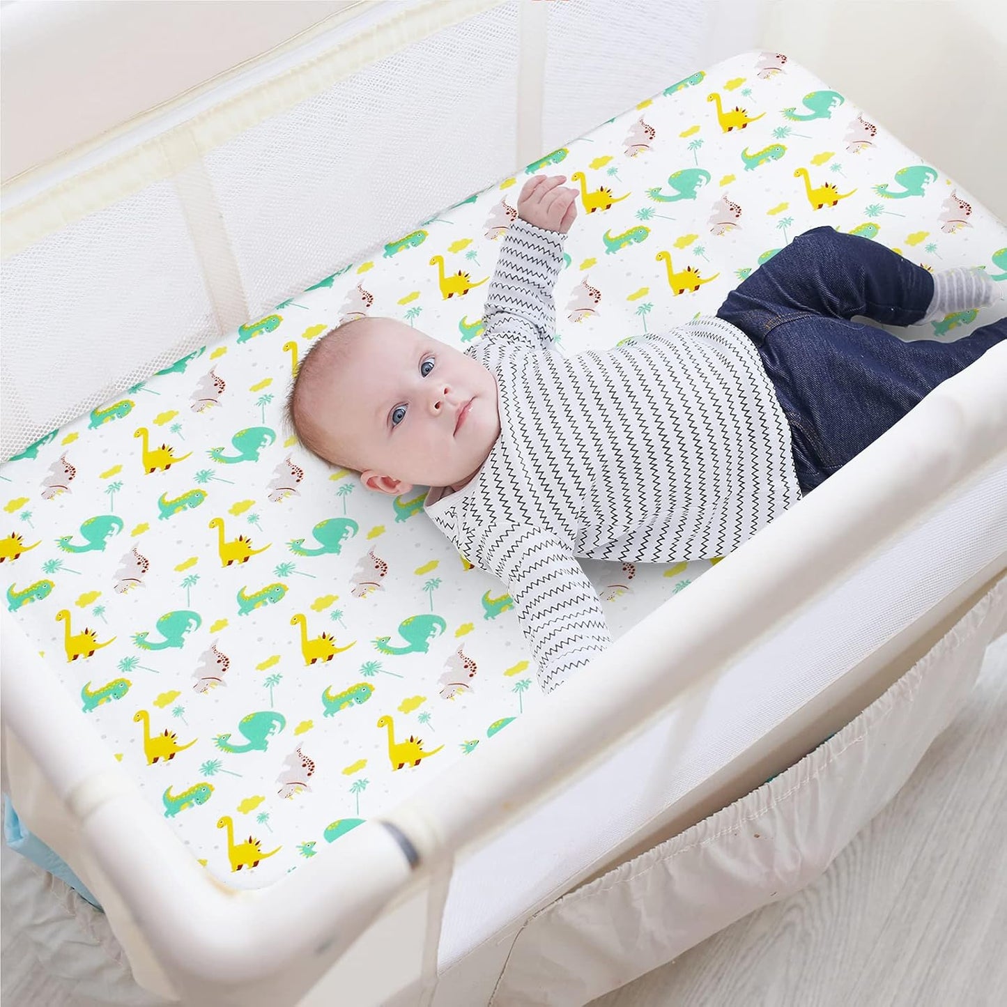 Pack and Play Sheets Boys, 2 Pack Mini Crib Sheets, Stretchy Playard Fitted Sheet, Compatible with Graco Pack n Play, Soft and Breathable Material, Dinosaur & Elephant