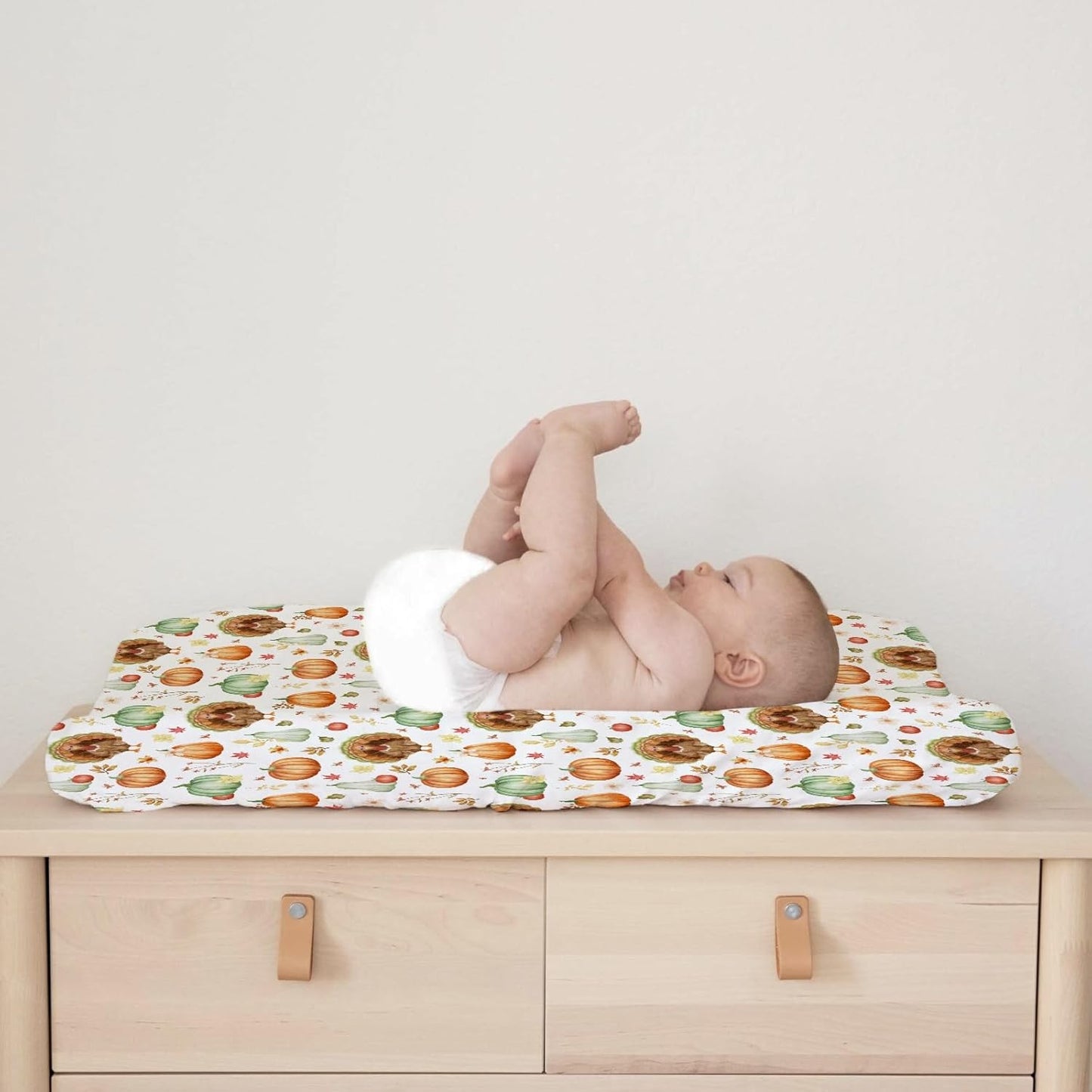 Thanksgiving Turkey Pumpkins Baby Changing Pad Covers for Boy Girl 32''x16'' Fall Turkey Maple Leaves Autumn Floral Fitted Change Table Mats Soft Breathable Nursery Diaper Changing Table Sheets