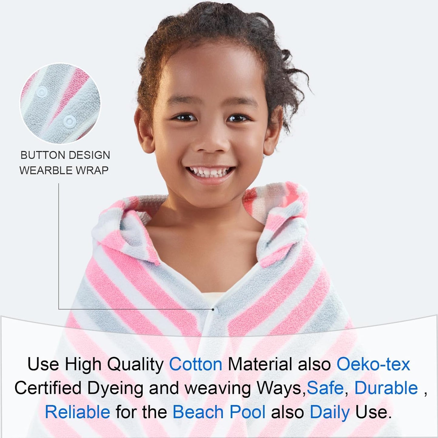VOOVA & MOVAS Hooded Towels for Kids - 100% Cotton (3-10Years) - Quick Dry Absorbent Lightweight Wrap Towel for Pool | Swim | Beach | Bath, Girls, Pink Gray Stripe