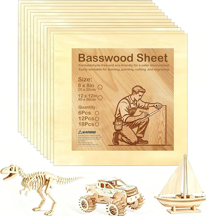 Basswood Plywood Sheets, 8 x 8 in, 3 mm, 12 Pack | Smooth unfinished wood