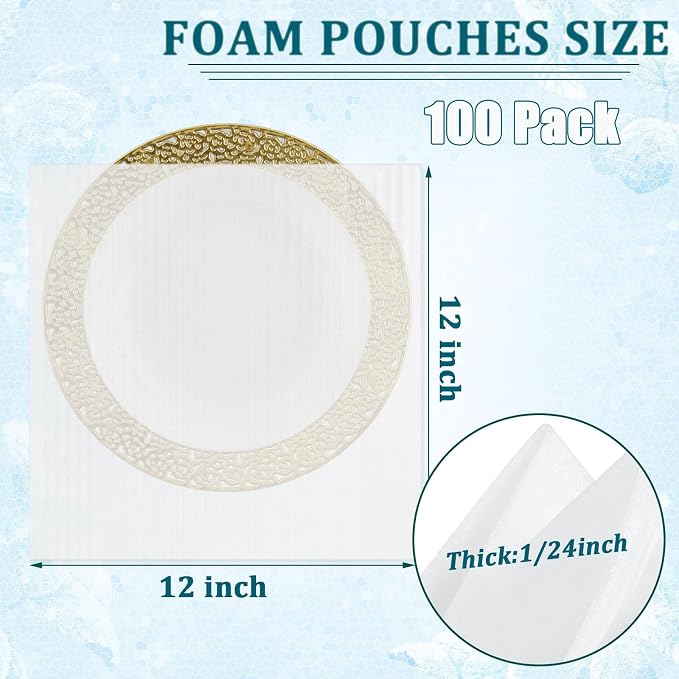 100 Pack Foam Pouches 12x12 Inch, Cushion Foam Wrap Pouches Protect Mugs