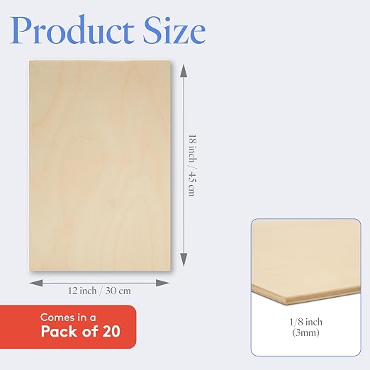 3 mm Baltic Birch Plywood 1/8 x 12 x 16 Inch, Box of 20 B/BB Grade Craft Wood