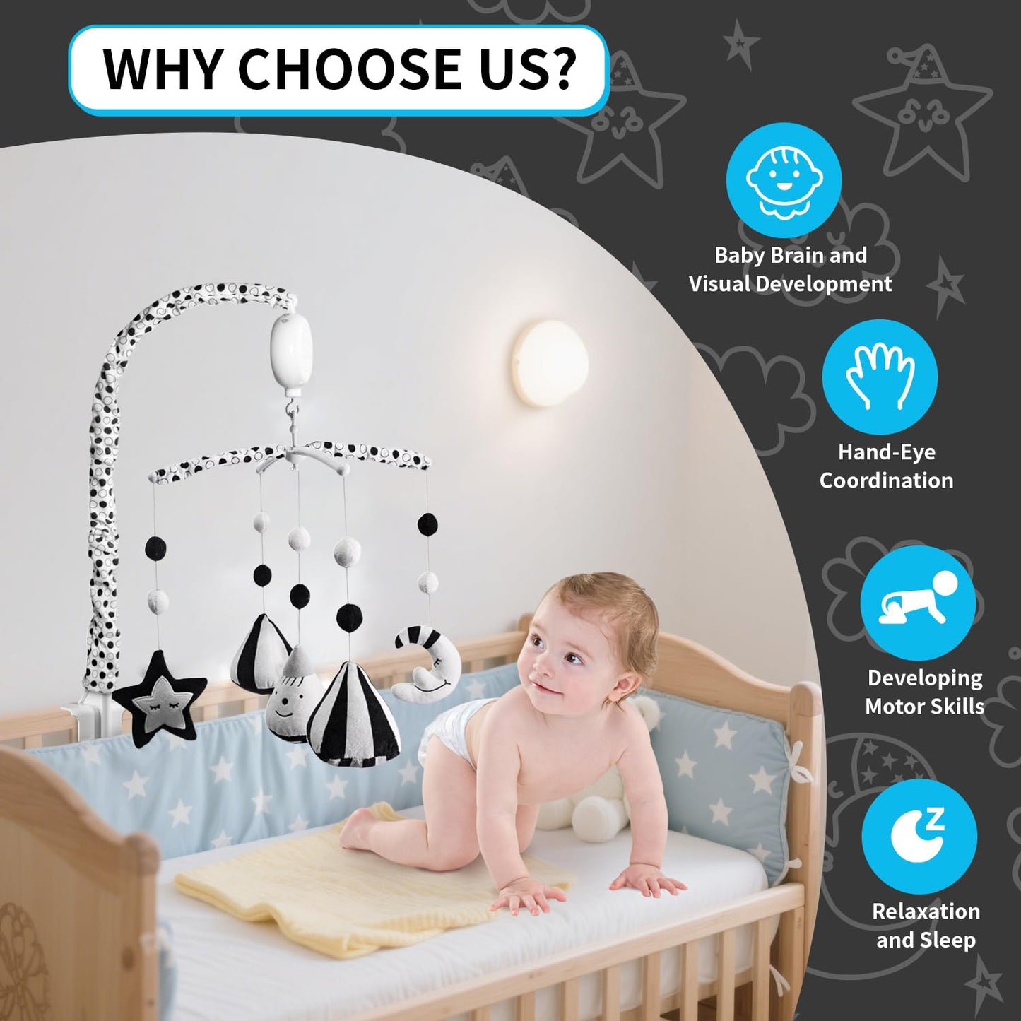 FEISIKE Baby Crib Mobile, Crib Toys Hanging with 35 Lullabies, 3 Modes Digital Musical Box（Turn Only, Music Only, Turn & Music Newborn Baby Toys Black/White for Boys and Grils