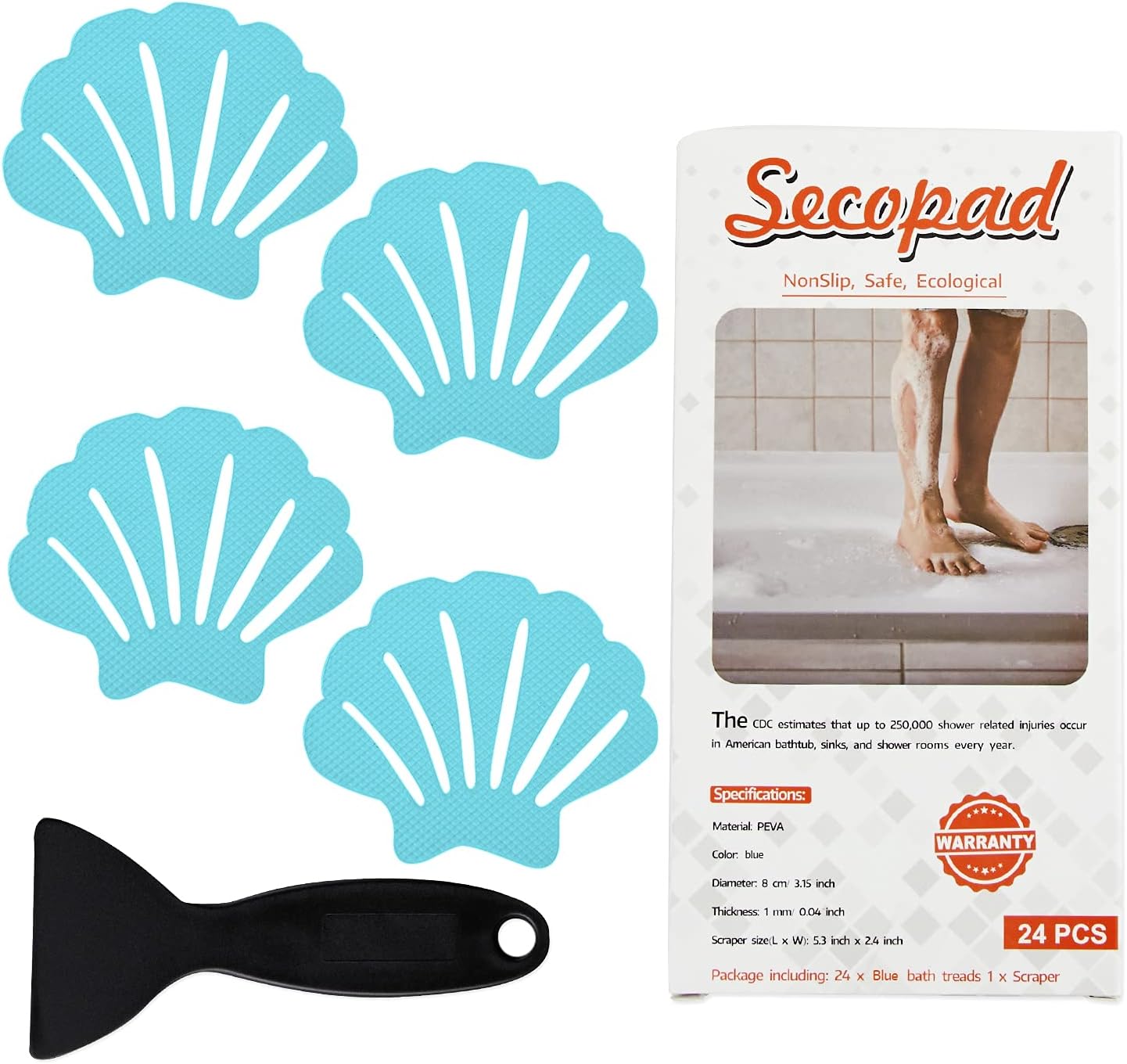 Non-Slip Bathtub Stickers, 24 PCS Shell Safety Bathroom Tubs Showers Treads Adhesive Decals Scraper (Blue)
