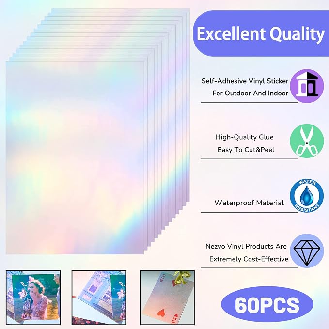 60 Sheets Holographic Laminate Sheets Clear Glitter A4 Size Vinyl Sticker Paper