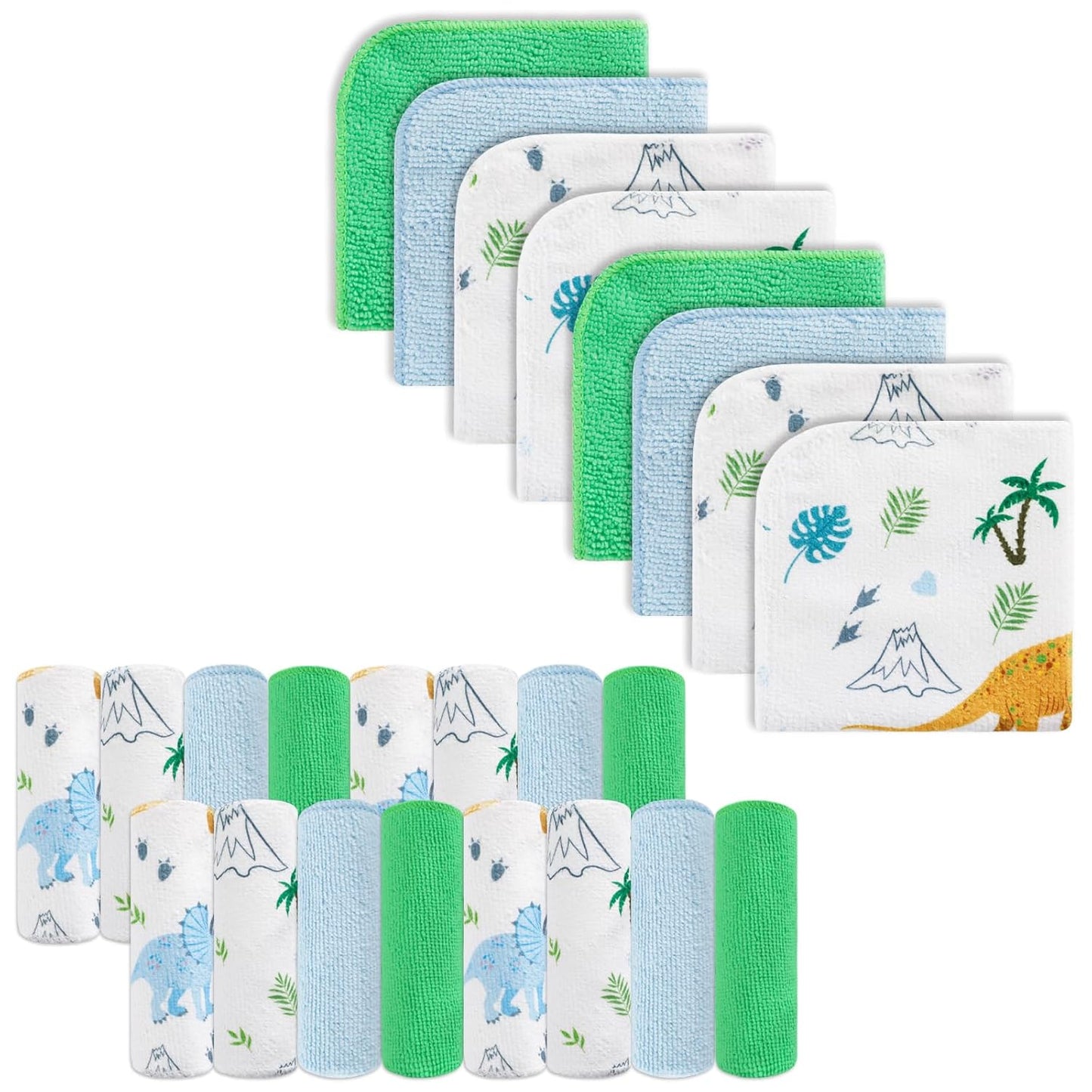 Baby Washcloths, 24Pack Baby Washcloth Extra Soft & Ultra Absorbent, for Unisex Boys Girls Body, Washclothes Gentle on Sensitive Skin, 9x9 Dinosaurs Trees