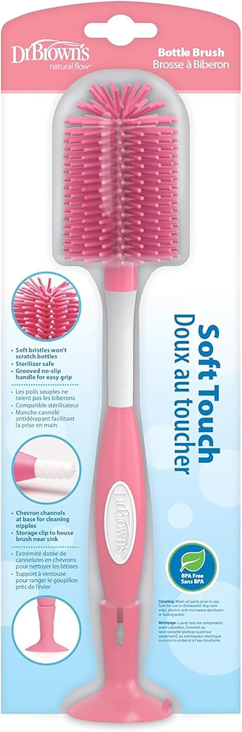 Dr. Brown's Soft Touch No Scratch Baby Bottle Cleaning Brush Nipple Cleaner with Stand and Storage Clip, BPA Free, Pink 4-Pack
