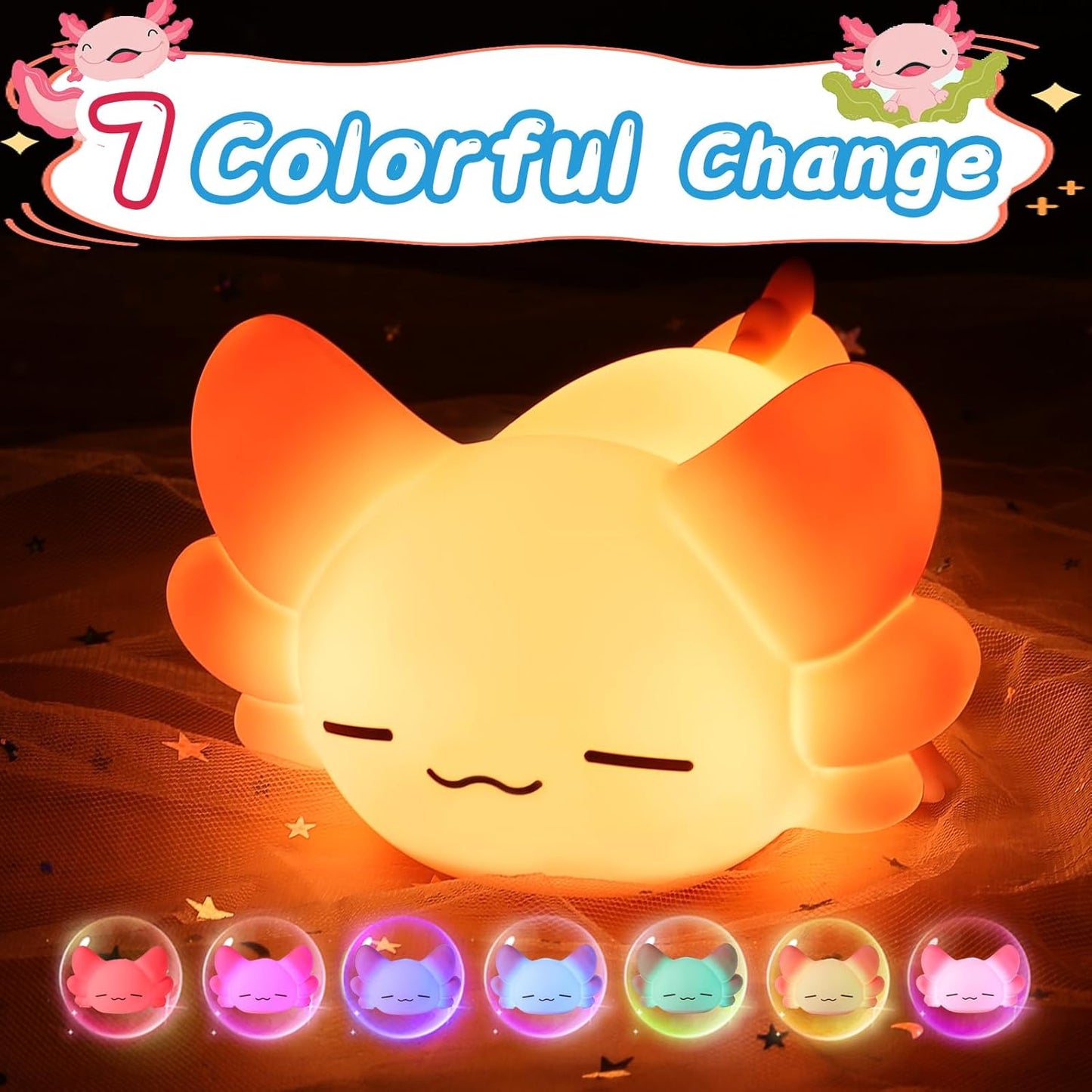 LOVERUIS Axolotl Gifts Baby Girl Colorful Squishy Night Light for Kids with Timer Cute Decorations for Bedroom Lamp Night Lights