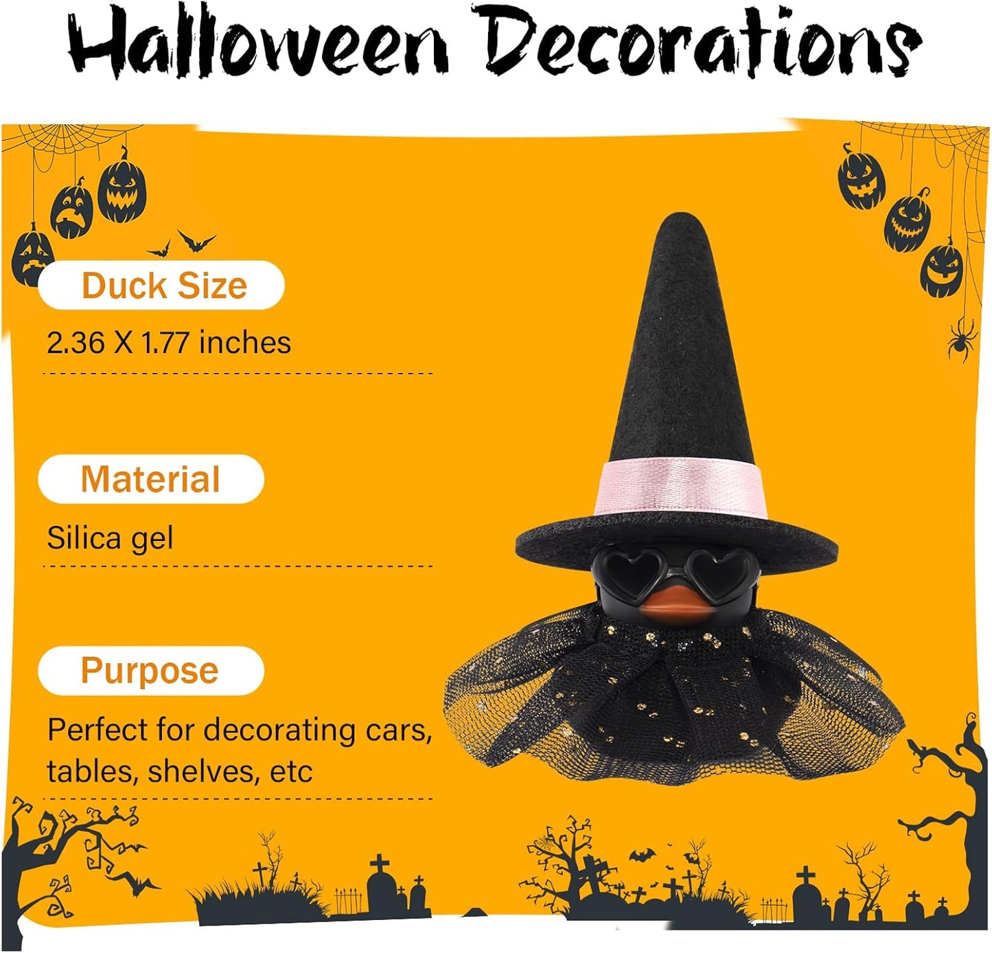 wonuu Car Dashboard Witch Black Rubber Ducks for Halloween, Decorations Duck for Office Desk Ornament Accessories with Hat Glasses Skirt, Pink