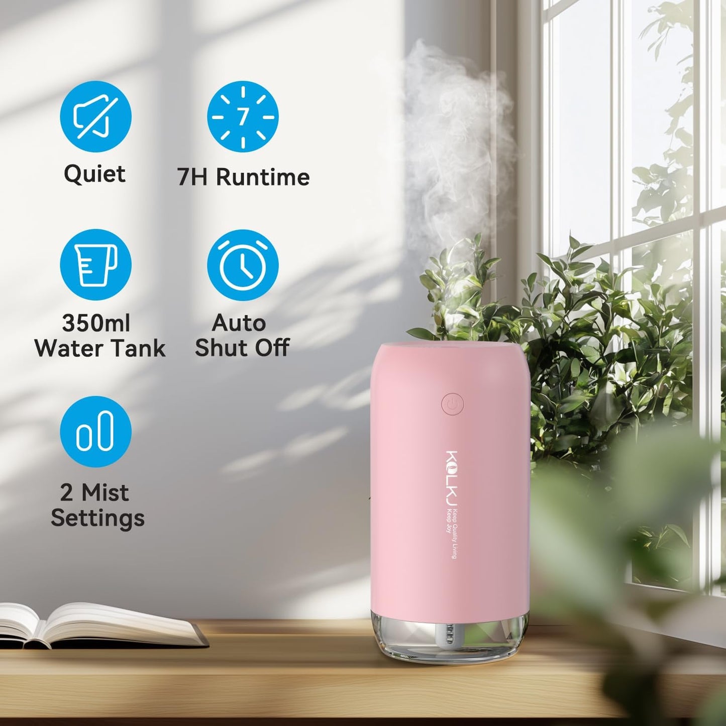 Portable Mini Humidifier, KQLKJ 350ml Small Cool Mist Humidifiers, USB Personal Desktop Humidifier for Bedroom Car Office Travel with Auto Shut-Off & 2 Mist Modes (Pink)